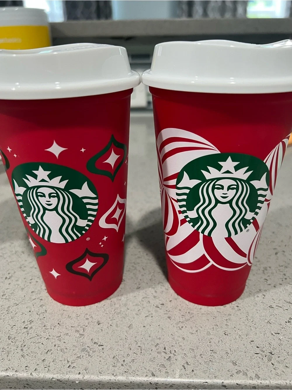 Starbucks Red Holiday Travel Cups with White Lids and Green Logo (Pair)